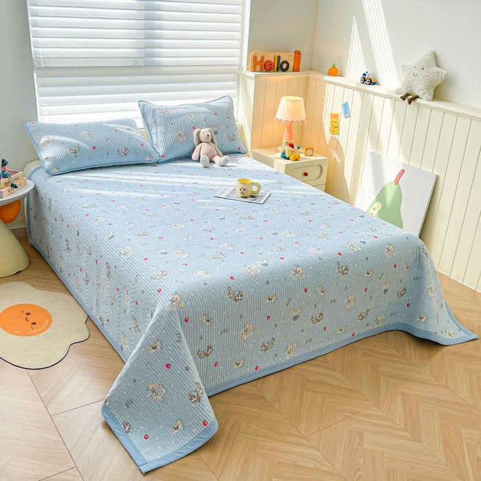 91家纺网 家纺一手货源 找家纺 梵朴 2026新款A类泡芙双层纱云感邹邹纱床盖三件套 猫咪蓝