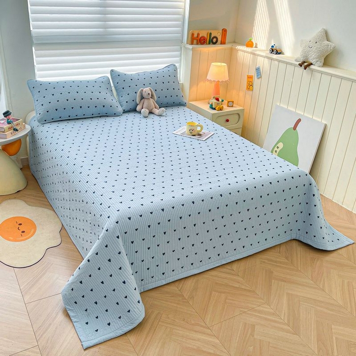 91家纺网 家纺一手货源 找家纺 梵朴 2026新款A类泡芙双层纱云感邹邹纱床盖三件套 蓝调爱心