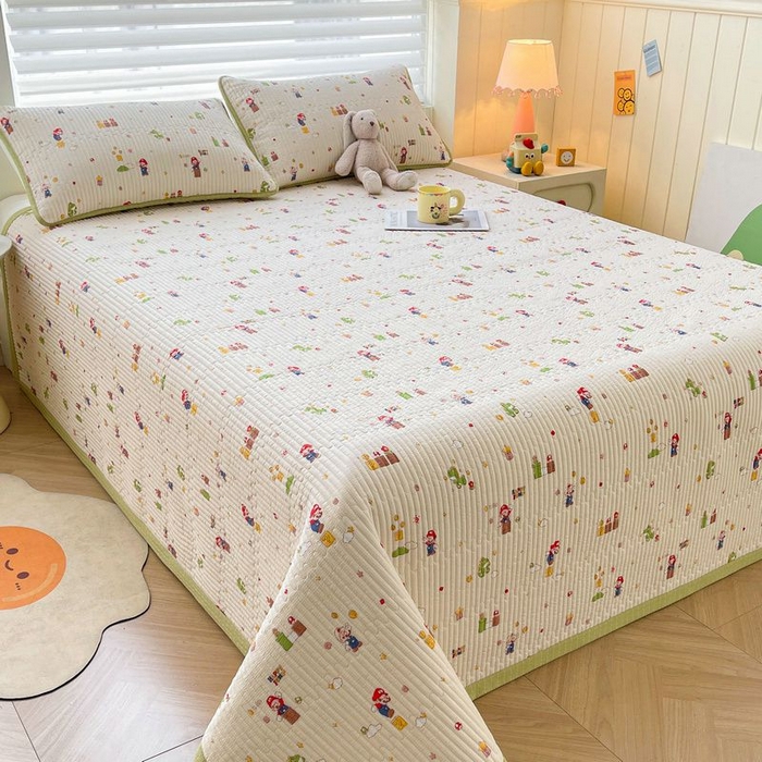 91家纺网 家纺一手货源 找家纺 梵朴 2026新款A类泡芙双层纱云感邹邹纱床盖三件套 快乐马里奥