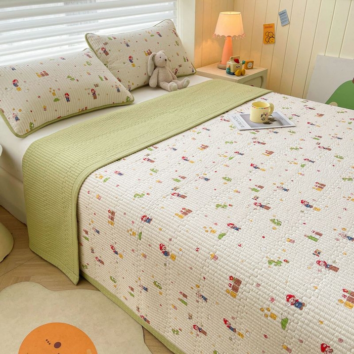 91家纺网 家纺一手货源 找家纺 梵朴 2026新款A类泡芙双层纱云感邹邹纱床盖三件套 快乐马里奥