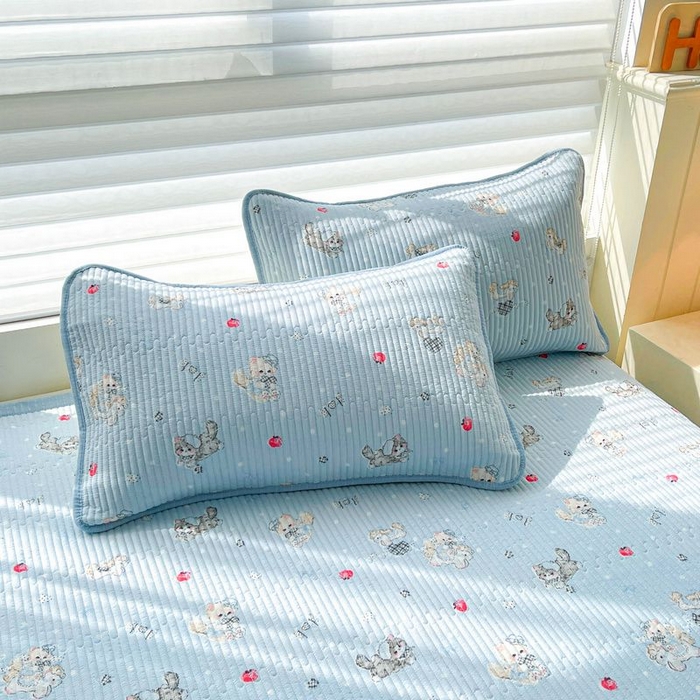 91家纺网 家纺一手货源 找家纺 梵朴 2026新款A类泡芙双层纱云感邹邹纱床盖三件套 猫咪蓝