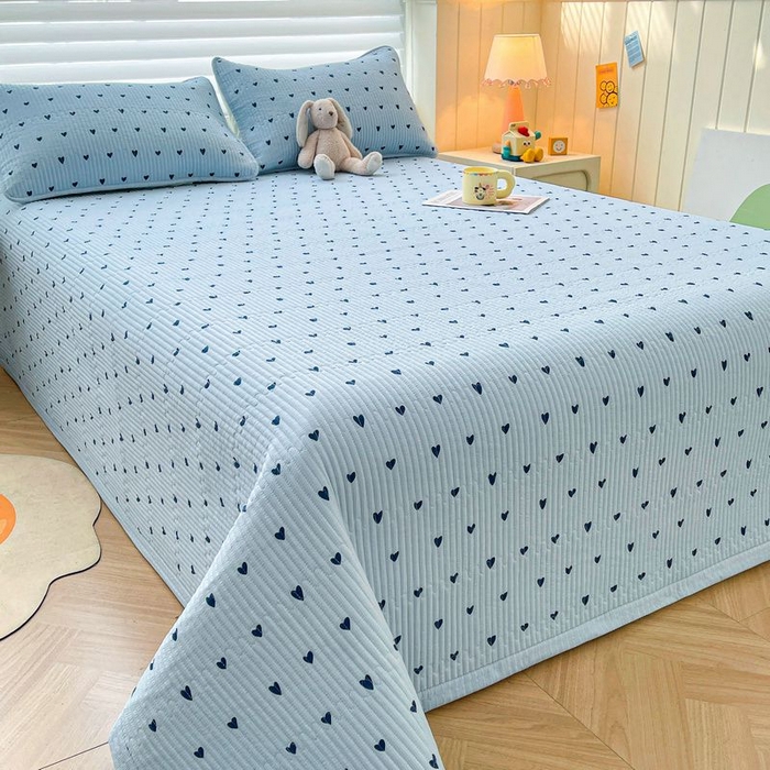 91家纺网 家纺一手货源 找家纺 梵朴 2026新款A类泡芙双层纱云感邹邹纱床盖三件套 蓝调爱心