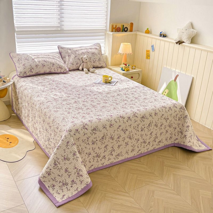 91家纺网 家纺一手货源 找家纺 梵朴 2026新款A类泡芙双层纱云感邹邹纱床盖三件套 花季紫