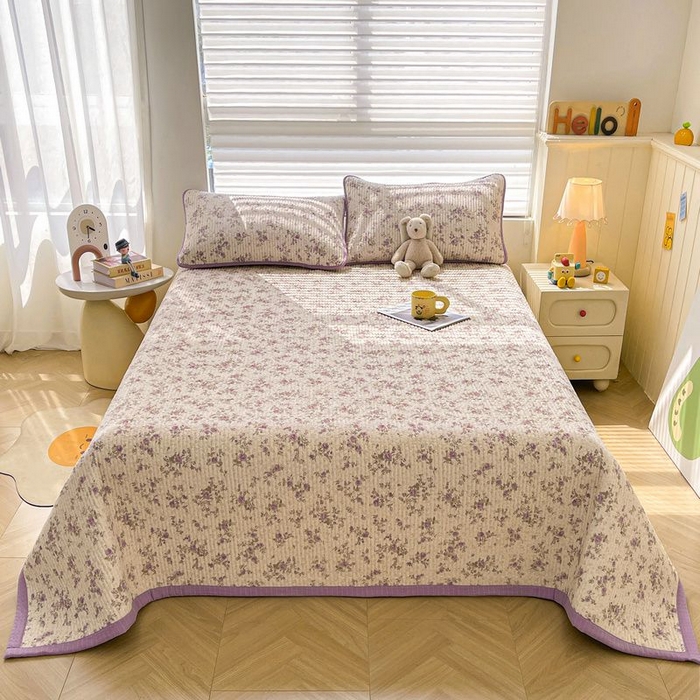 91家纺网 家纺一手货源 找家纺 梵朴 2026新款A类泡芙双层纱云感邹邹纱床盖三件套 花季紫