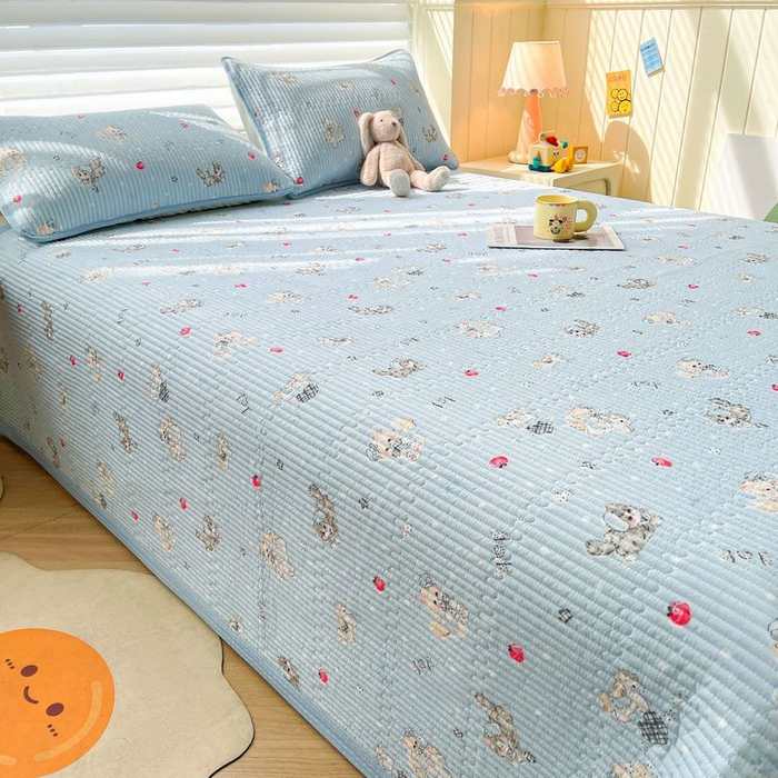 91家纺网 家纺一手货源 找家纺 梵朴 2026新款A类泡芙双层纱云感邹邹纱床盖三件套 猫咪蓝