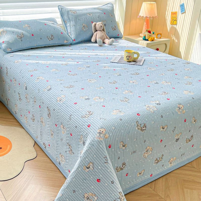 91家纺网 家纺一手货源 找家纺 梵朴 2026新款A类泡芙双层纱云感邹邹纱床盖三件套 猫咪蓝