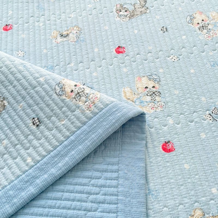 91家纺网 家纺一手货源 找家纺 梵朴 2026新款A类泡芙双层纱云感邹邹纱床盖三件套 猫咪蓝