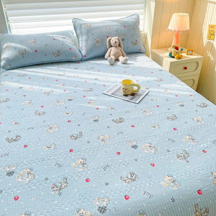 91家纺网 家纺一手货源 找家纺 梵朴 2026新款A类泡芙双层纱云感邹邹纱床盖三件套 猫咪蓝