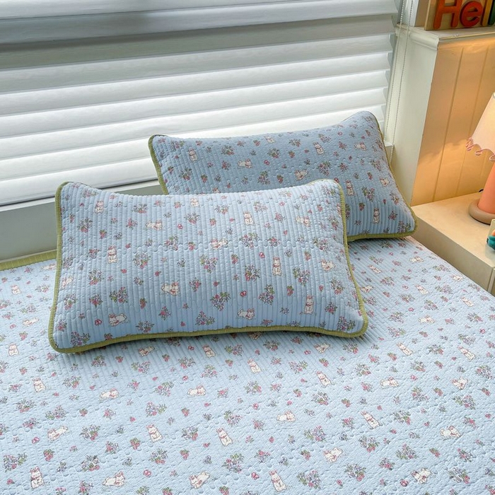 91家纺网 家纺一手货源 找家纺 梵朴 2026新款A类泡芙双层纱云感邹邹纱床盖三件套 花从小兔