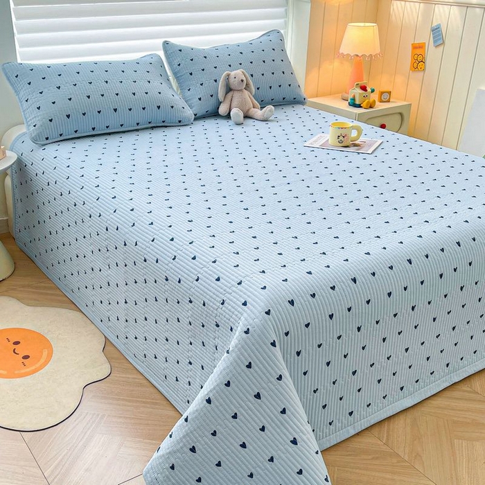 91家纺网 家纺一手货源 找家纺 梵朴 2026新款A类泡芙双层纱云感邹邹纱床盖三件套 蓝调爱心