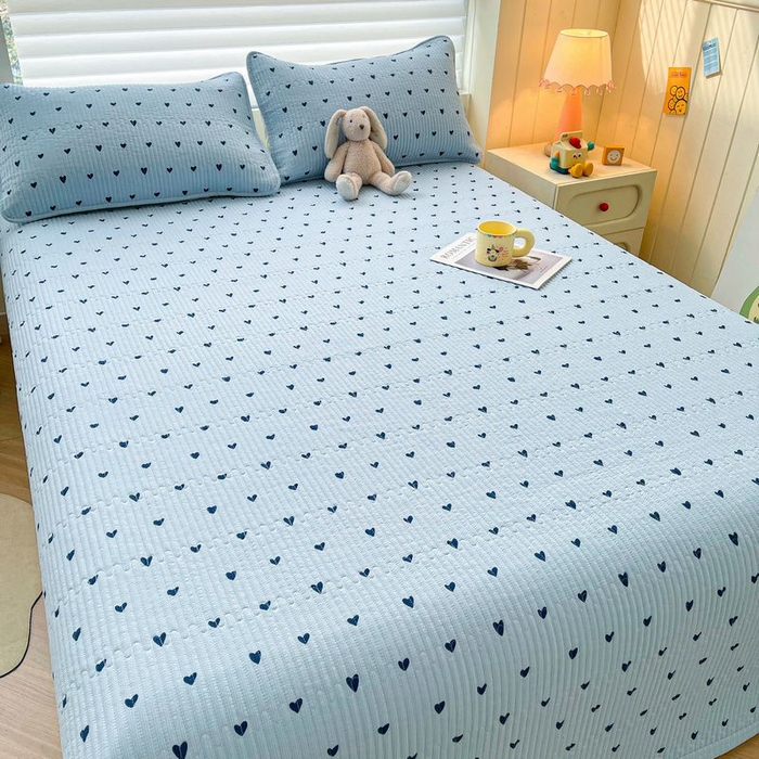 91家纺网 家纺一手货源 找家纺 梵朴 2026新款A类泡芙双层纱云感邹邹纱床盖三件套 蓝调爱心