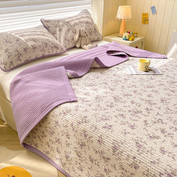 91家纺网 家纺一手货源 找家纺 梵朴 2026新款A类泡芙双层纱云感邹邹纱床盖三件套 花季紫