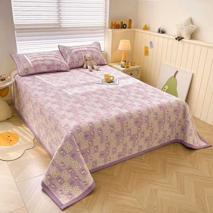 91家纺网 家纺一手货源 找家纺 梵朴 2026新款A类泡芙双层纱云感邹邹纱床盖三件套 泡芙KT-紫