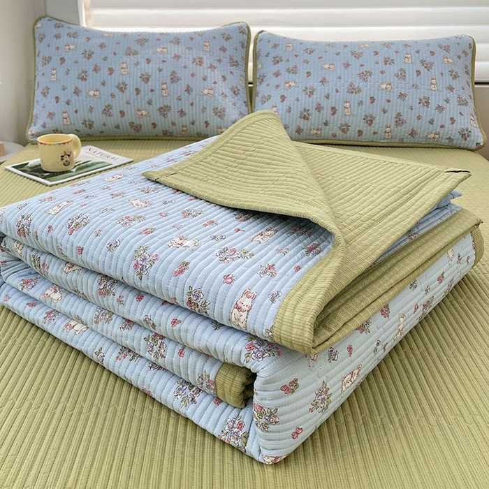 91家纺网 家纺一手货源 找家纺 梵朴 2026新款A类泡芙双层纱云感邹邹纱床盖三件套 花从小兔