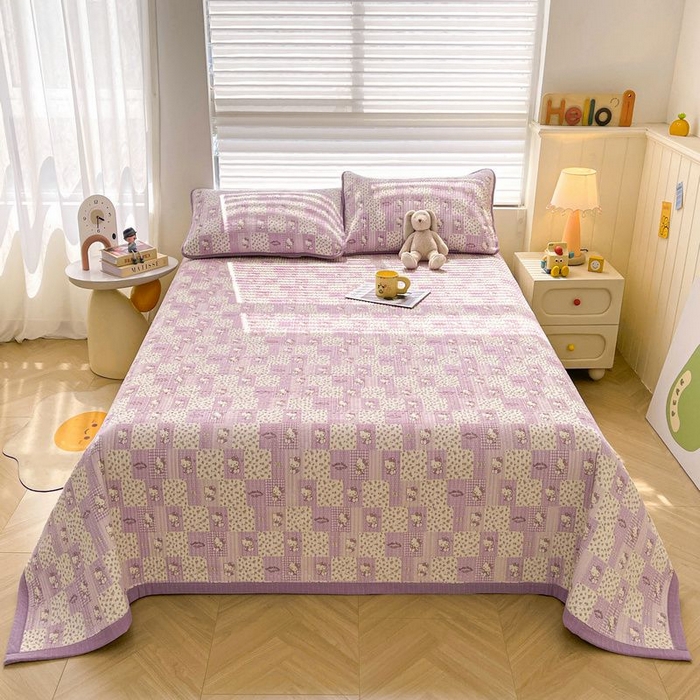 91家纺网 家纺一手货源 找家纺 梵朴 2026新款A类泡芙双层纱云感邹邹纱床盖三件套 泡芙KT-紫