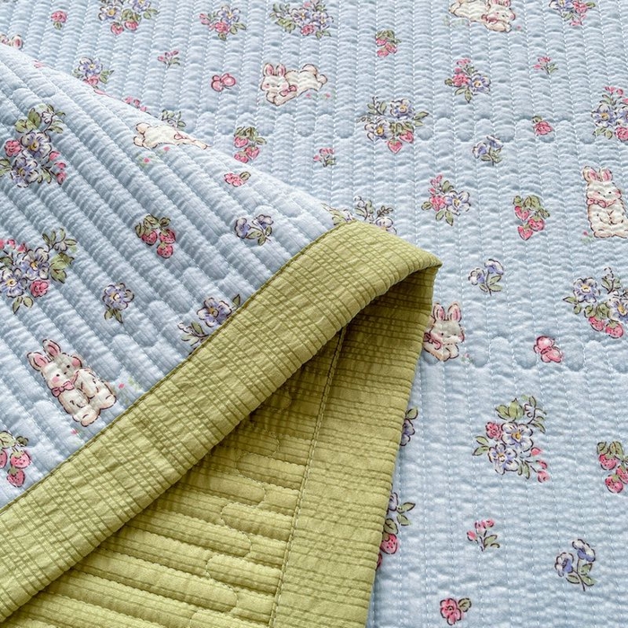 91家纺网 家纺一手货源 找家纺 梵朴 2026新款A类泡芙双层纱云感邹邹纱床盖三件套 花从小兔