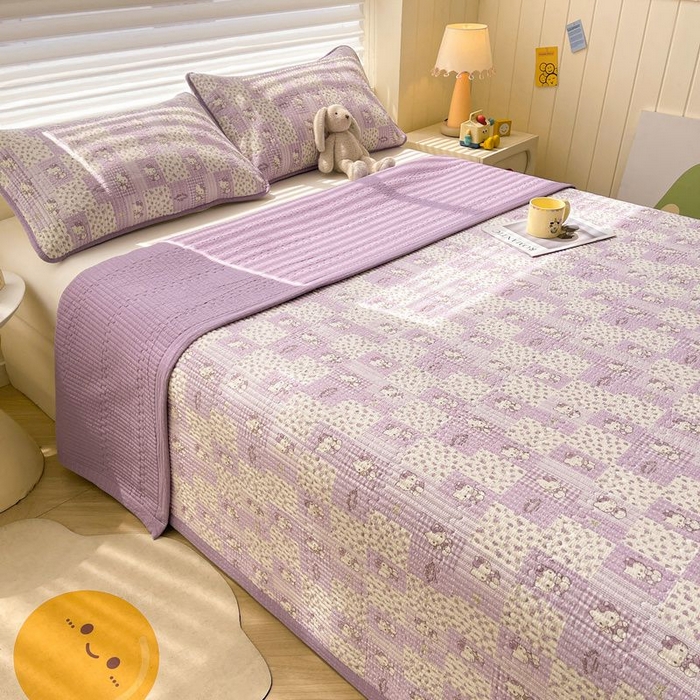 91家纺网 家纺一手货源 找家纺 梵朴 2026新款A类泡芙双层纱云感邹邹纱床盖三件套 泡芙KT-紫