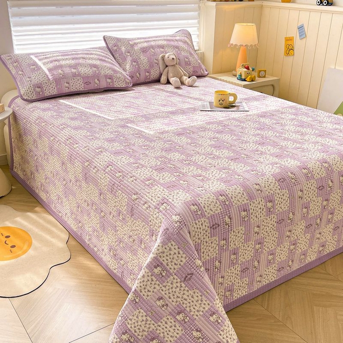 91家纺网 家纺一手货源 找家纺 梵朴 2026新款A类泡芙双层纱云感邹邹纱床盖三件套 泡芙KT-紫