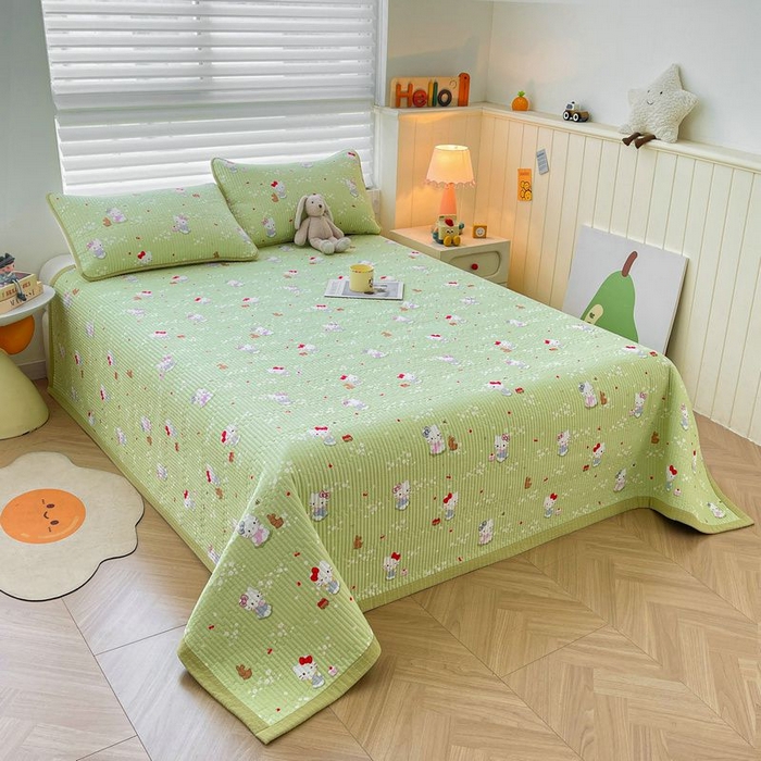 91家纺网 家纺一手货源 找家纺 梵朴 2026新款A类泡芙双层纱云感邹邹纱床盖三件套 泡芙KT-绿