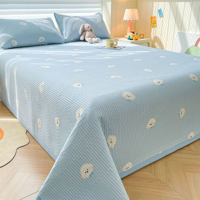 91家纺网 家纺一手货源 找家纺 梵朴 2026新款A类泡芙双层纱云感邹邹纱床盖三件套 蓝色领结狗