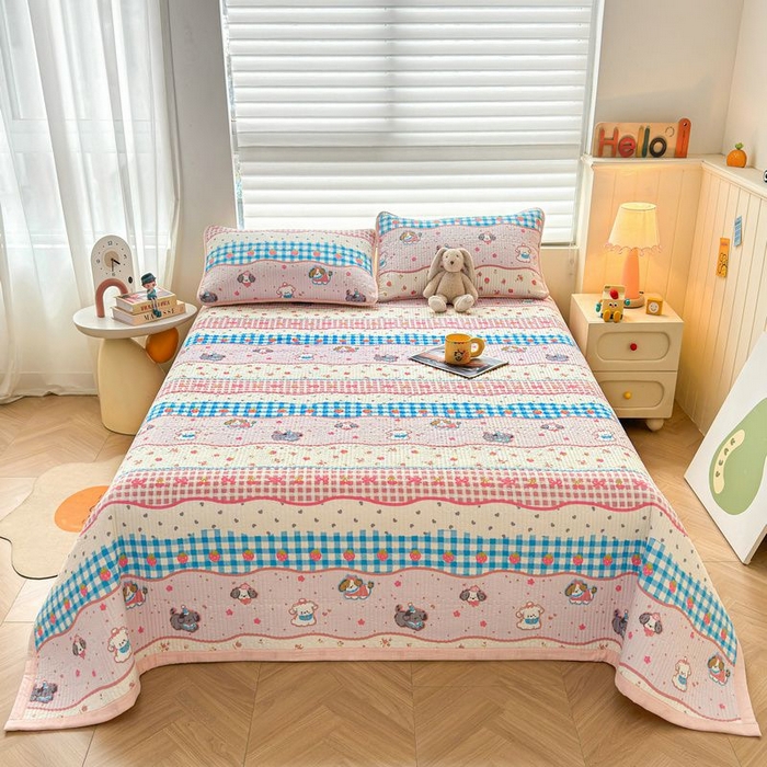 91家纺网 家纺一手货源 找家纺 梵朴 2026新款A类泡芙双层纱云感邹邹纱床盖三件套 快乐小狗