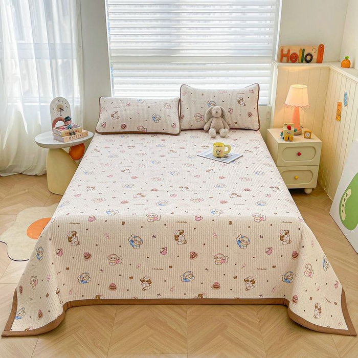 91家纺网 家纺一手货源 找家纺 梵朴 2026新款A类泡芙双层纱云感邹邹纱床盖三件套 甜品萌狗