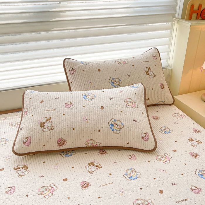 91家纺网 家纺一手货源 找家纺 梵朴 2026新款A类泡芙双层纱云感邹邹纱床盖三件套 甜品萌狗