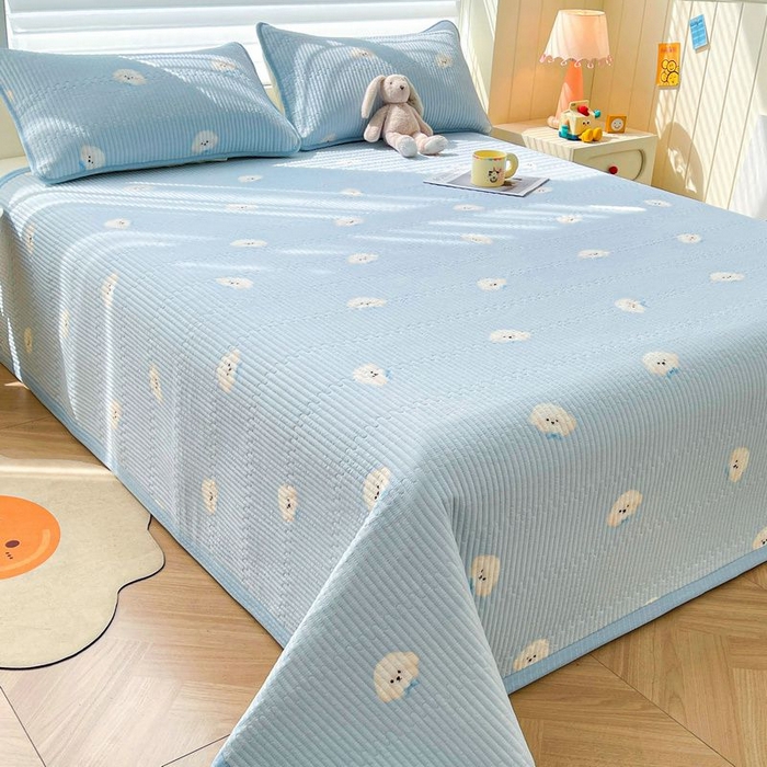 91家纺网 家纺一手货源 找家纺 梵朴 2026新款A类泡芙双层纱云感邹邹纱床盖三件套 蓝色领结狗