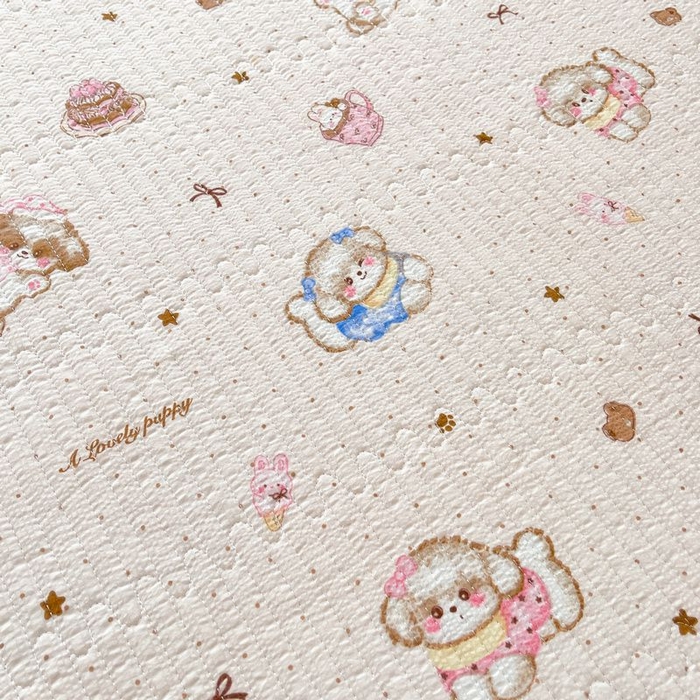 91家纺网 家纺一手货源 找家纺 梵朴 2026新款A类泡芙双层纱云感邹邹纱床盖三件套 甜品萌狗