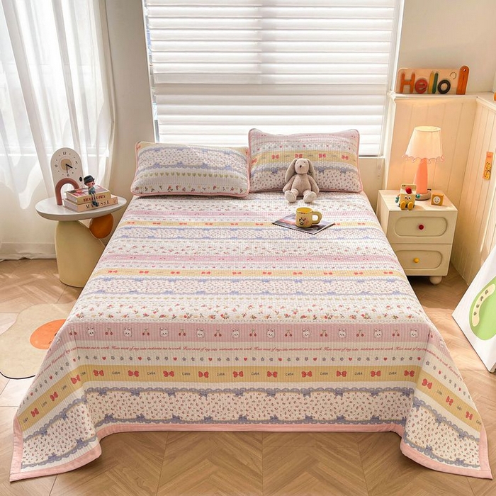 91家纺网 家纺一手货源 找家纺 梵朴 2026新款A类泡芙双层纱云感邹邹纱床盖三件套 蝴蝶结小兔