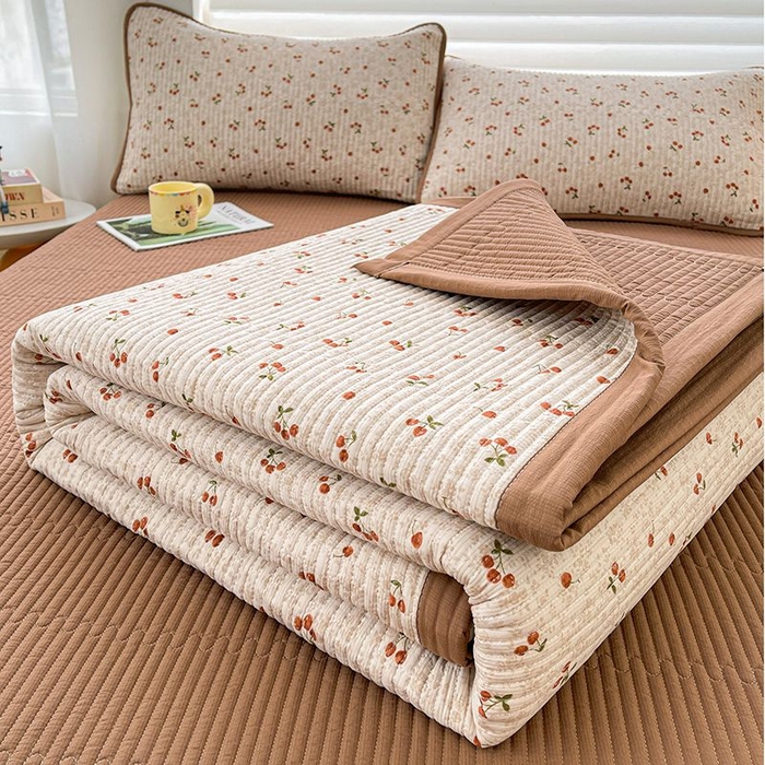 91家纺网 家纺一手货源 找家纺 梵朴 2026新款A类泡芙双层纱云感邹邹纱床盖三件套 酒渍樱桃