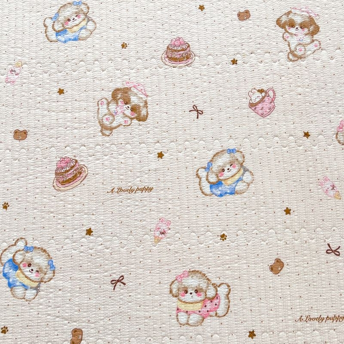 91家纺网 家纺一手货源 找家纺 梵朴 2026新款A类泡芙双层纱云感邹邹纱床盖三件套 甜品萌狗