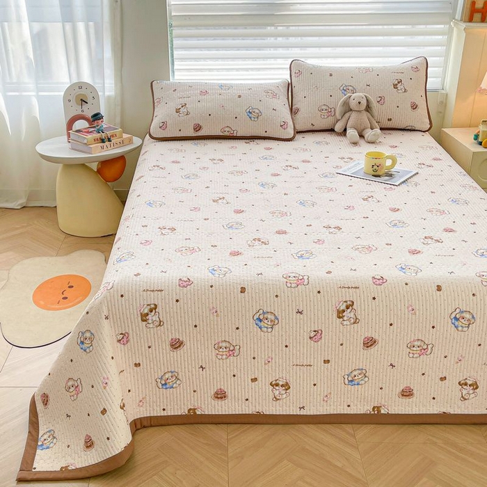 91家纺网 家纺一手货源 找家纺 梵朴 2026新款A类泡芙双层纱云感邹邹纱床盖三件套 甜品萌狗