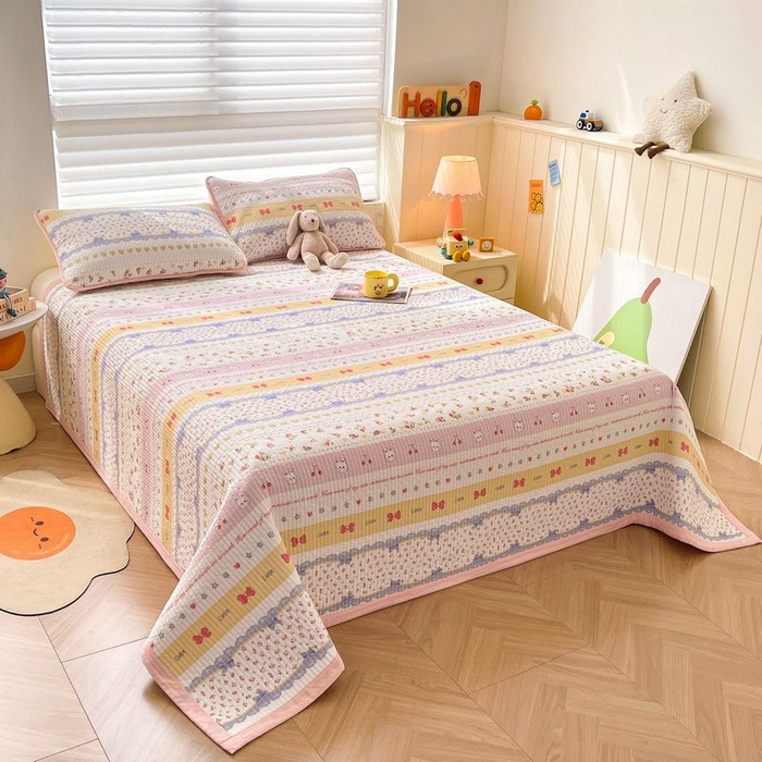 91家纺网 家纺一手货源 找家纺 梵朴 2026新款A类泡芙双层纱云感邹邹纱床盖三件套 蝴蝶结小兔