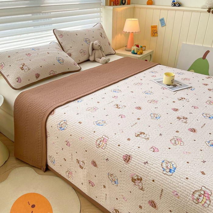 91家纺网 家纺一手货源 找家纺 梵朴 2026新款A类泡芙双层纱云感邹邹纱床盖三件套 甜品萌狗