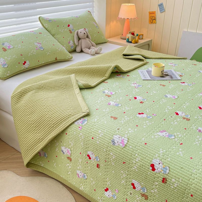 91家纺网 家纺一手货源 找家纺 梵朴 2026新款A类泡芙双层纱云感邹邹纱床盖三件套 泡芙KT-绿