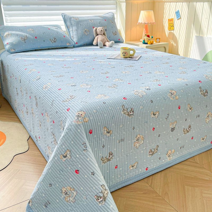 91家纺网 家纺一手货源 找家纺 梵朴 2026新款A类泡芙双层纱云感邹邹纱床盖三件套 猫咪蓝