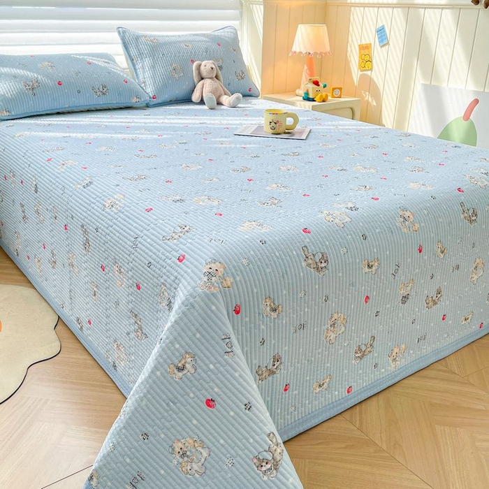 91家纺网 家纺一手货源 找家纺 梵朴 2026新款A类泡芙双层纱云感邹邹纱床盖三件套 猫咪蓝