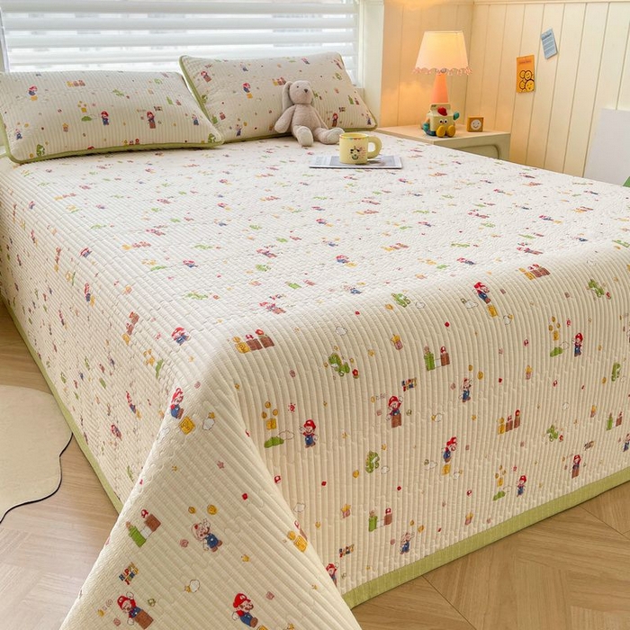 91家纺网 家纺一手货源 找家纺 梵朴 2026新款A类泡芙双层纱云感邹邹纱床盖三件套 快乐马里奥