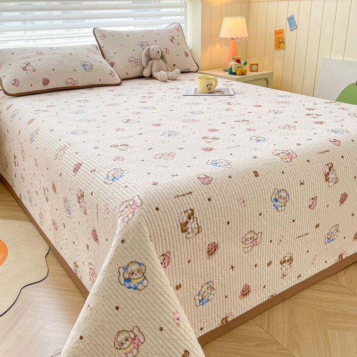 91家纺网 家纺一手货源 找家纺 梵朴 2026新款A类泡芙双层纱云感邹邹纱床盖三件套 甜品萌狗