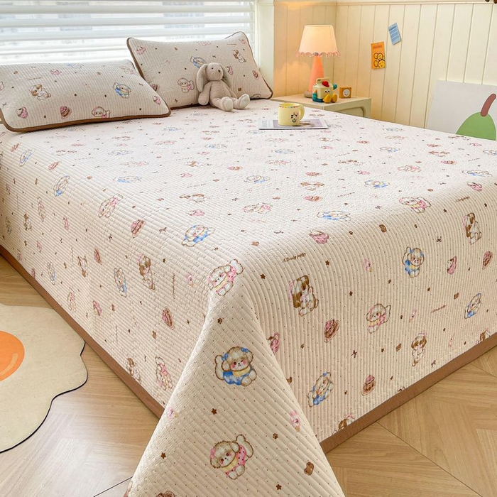 91家纺网 家纺一手货源 找家纺 梵朴 2026新款A类泡芙双层纱云感邹邹纱床盖三件套 甜品萌狗