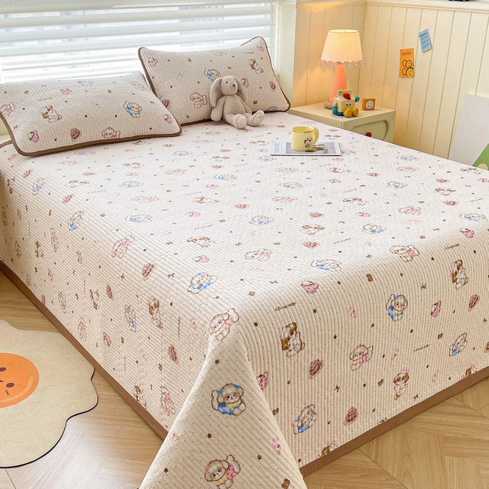 91家纺网 家纺一手货源 找家纺 梵朴 2026新款A类泡芙双层纱云感邹邹纱床盖三件套 甜品萌狗