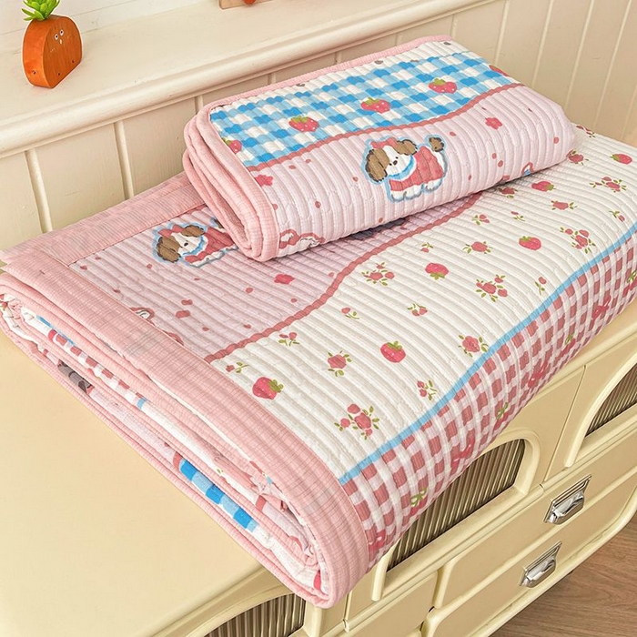 91家纺网 家纺一手货源 找家纺 梵朴 2026新款A类泡芙双层纱云感邹邹纱床盖三件套 快乐小狗