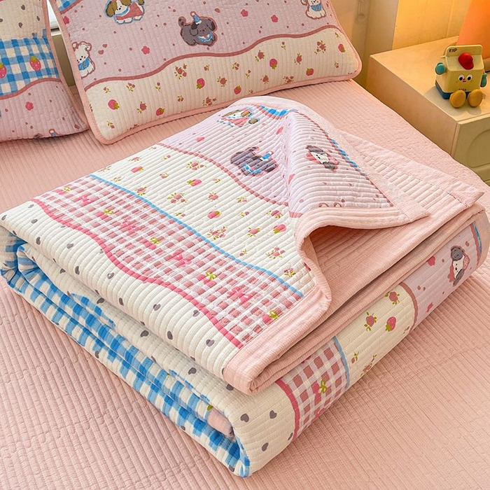 91家纺网 家纺一手货源 找家纺 梵朴 2026新款A类泡芙双层纱云感邹邹纱床盖三件套 快乐小狗