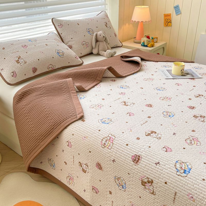 91家纺网 家纺一手货源 找家纺 梵朴 2026新款A类泡芙双层纱云感邹邹纱床盖三件套 甜品萌狗