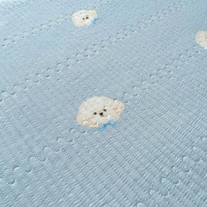 91家纺网 家纺一手货源 找家纺 梵朴 2026新款A类泡芙双层纱云感邹邹纱床盖三件套 蓝色领结狗