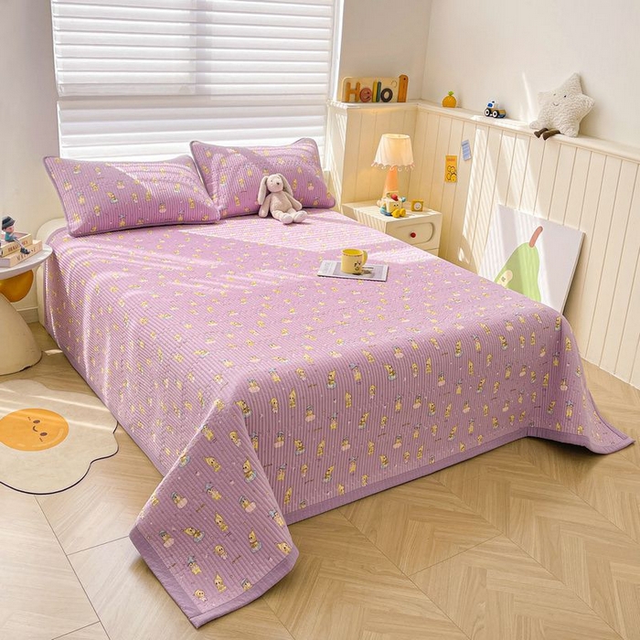 91家纺网 家纺一手货源 找家纺 梵朴 2026新款A类泡芙双层纱云感邹邹纱床盖三件套 星星玩偶紫