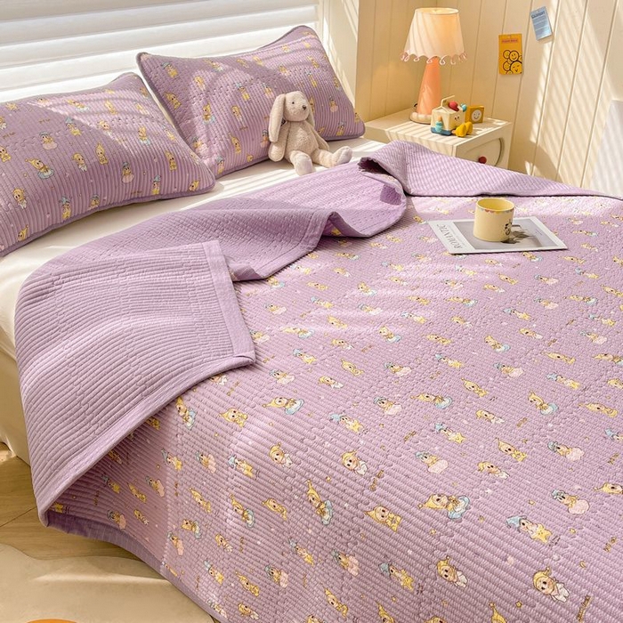 91家纺网 家纺一手货源 找家纺 梵朴 2026新款A类泡芙双层纱云感邹邹纱床盖三件套 星星玩偶紫