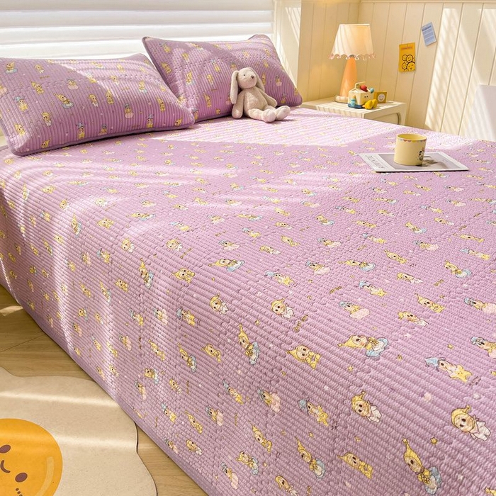 91家纺网 家纺一手货源 找家纺 梵朴 2026新款A类泡芙双层纱云感邹邹纱床盖三件套 星星玩偶紫