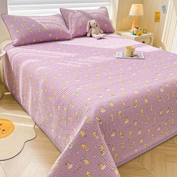 91家纺网 家纺一手货源 找家纺 梵朴 2026新款A类泡芙双层纱云感邹邹纱床盖三件套 星星玩偶紫